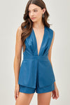 Micah Faux Leather Deep V-Neck Romper - Blue