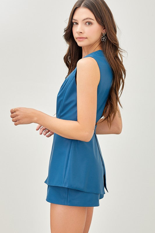 Micah Faux Leather Deep V-Neck Romper - Blue