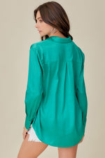 Calliope Satin Button Down Top - Green