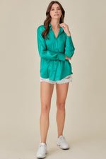Calliope Satin Button Down Top - Green