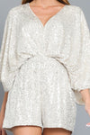 Paisleigh Sequin Kimono Sleeve Tie Back Romper - Silver
