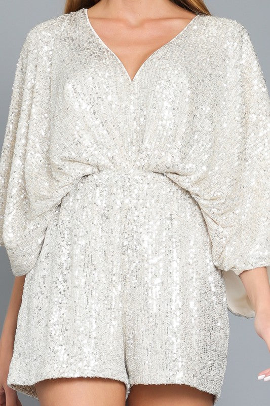Paisleigh Sequin Kimono Sleeve Tie Back Romper - Silver