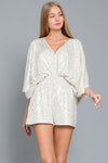 Paisleigh Sequin Kimono Sleeve Tie Back Romper - Silver