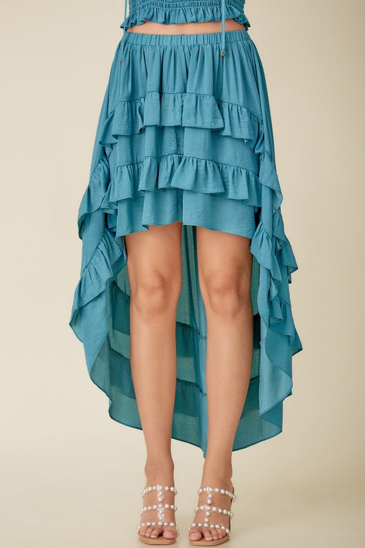 Charmaine Satin Long Sleeve Top And High Low Skirt - Blue