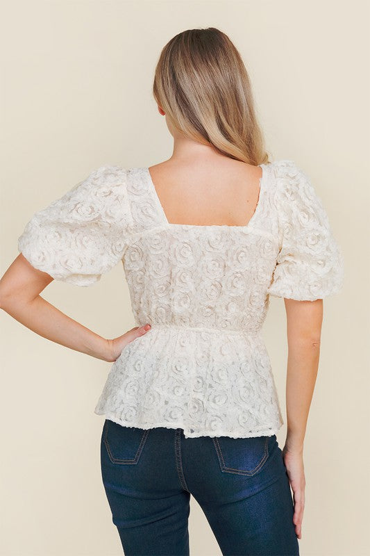 Elyna Rose Patterned Peplum Puff Sleeve Top - Ivory