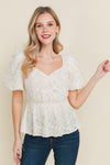 Elyna Rose Patterned Peplum Puff Sleeve Top - Ivory