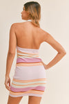 Alisa Stripe Knit Collard Open Back Mini Dress - Pink/Purple