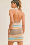 Alisa Stripe Knit Collard Open Back Mini Dress - Aqua