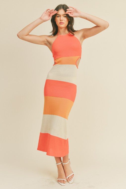 brynlee knit dress Brynlee Knit Halter Cut Out Stripe Midi Dress Girls Will Be Girls