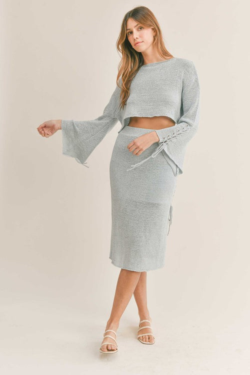 Ski Knit Long Sleeve Crop Top And Midi Skirt Set