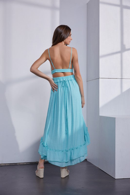 aqua ruffle trim maxi dress exclusive TFNC ruffle detail high neck maxi dress with open back and thigh slit in aqua