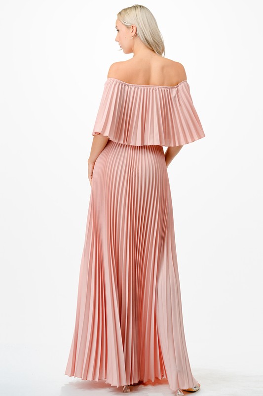 Mary Off Shoulder Pleated Maxi Dress - Blush