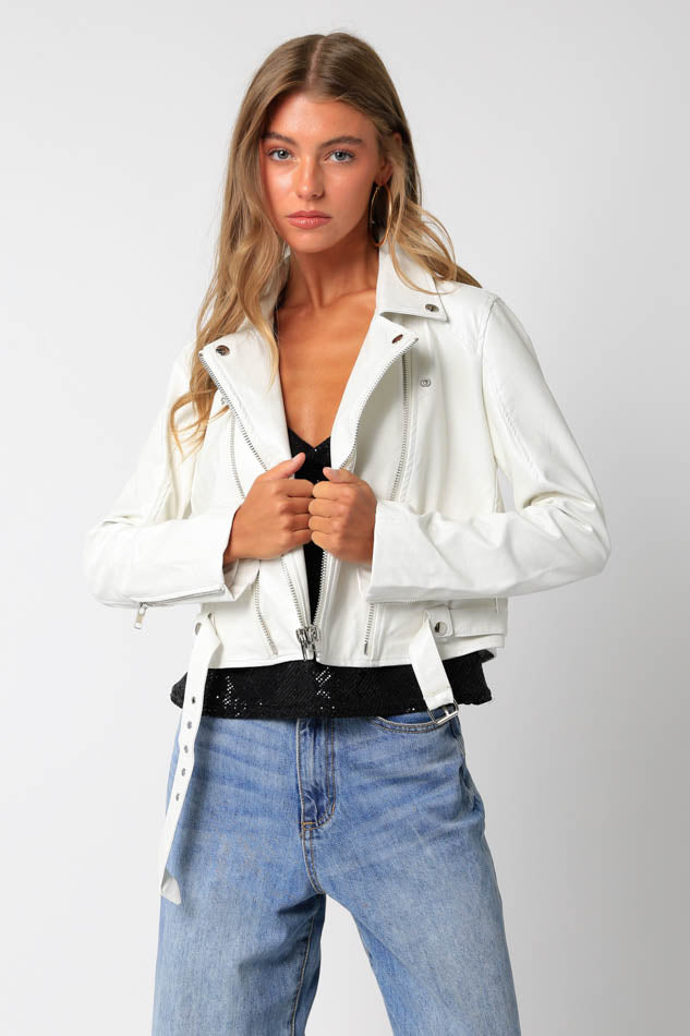 Laine Faux Leather Moto Jacket - White