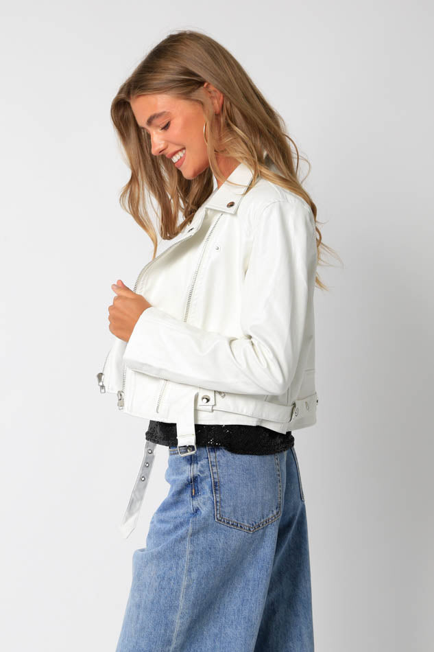 Laine Faux Leather Moto Jacket - White