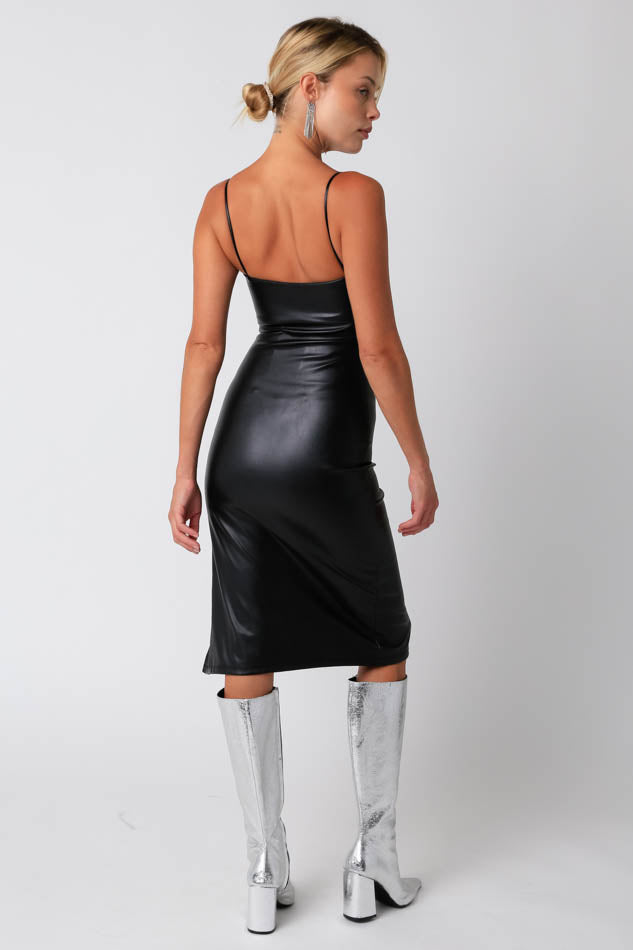 Michalis Faux Leather Straight Neckline Midi Dress - Black Girls Will Be Girls Michalis Faux Leather Straight Neckline Midi Dress - Black Girls Will Be Girls