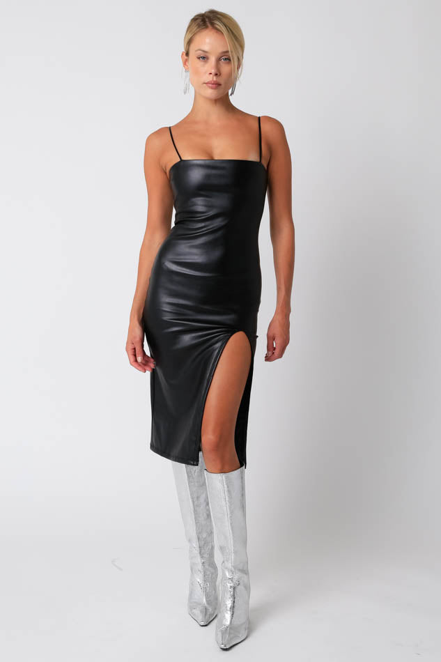 Michalis Faux Leather Straight Neckline Midi Dress - Black