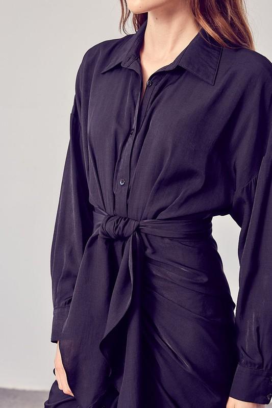 Yasmin Collar Button Down Front Tie Dress - Black