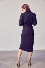 Yasmin Collar Button Down Front Tie Dress - Black