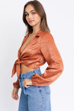 Giovanna Collared Long Sleeve Front Tie Top - Brick