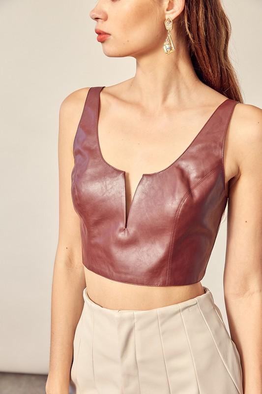 Emy Faux Leather Bralette Top - Burgundy