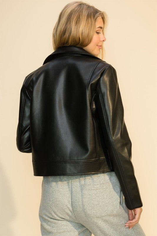 Faux Leather Cropped Moto Jacket - Black