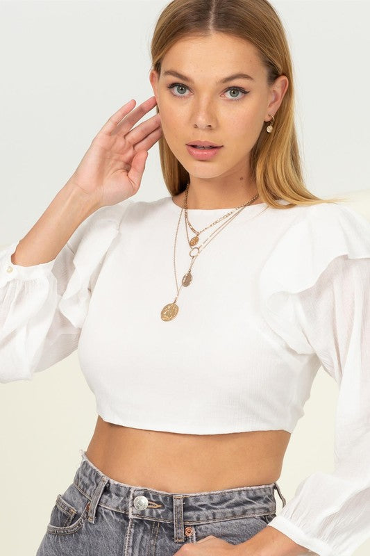 Abella Tie Back Long Sleeve Ruffle Top - Off White