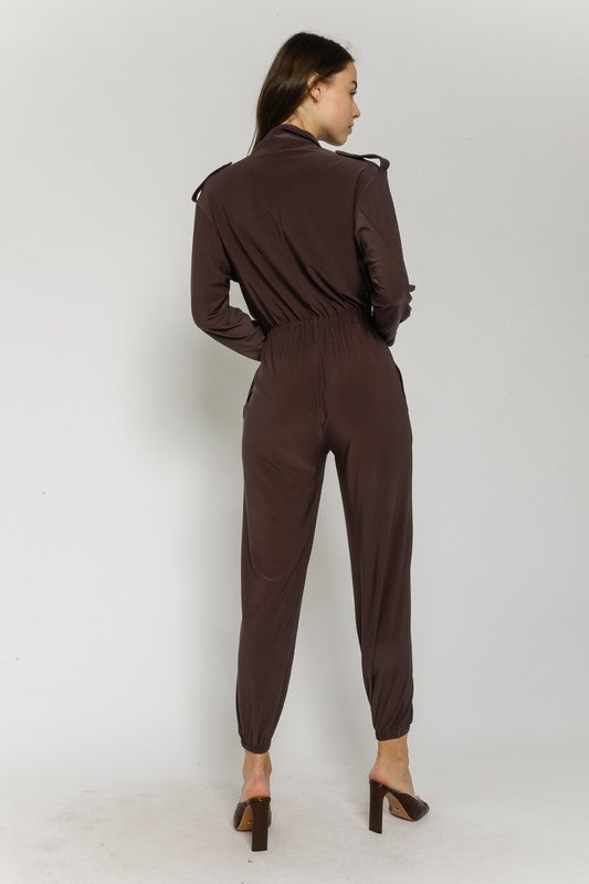 Bailey Cinched Waist Front Pocket Jumpsuit - Brown