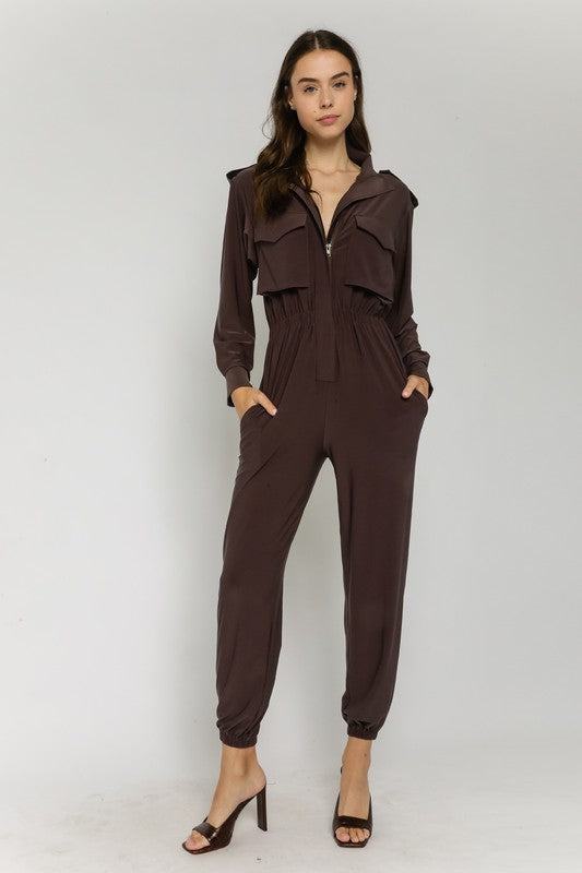 Bailey Cinched Waist Front Pocket Jumpsuit - Brown