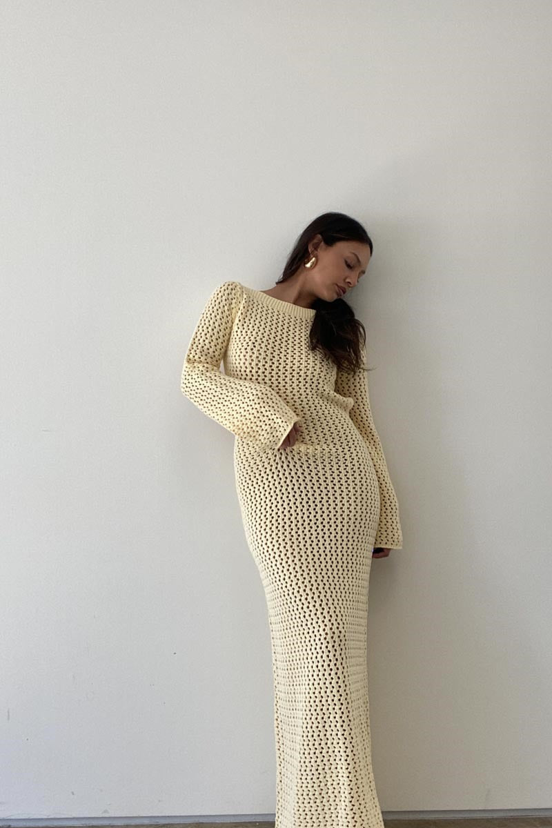 Kayleigh Crochet Fishtail Flare Sleeve Maxi Dress - White - MESHKI U.S