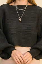 Barbra Cropped Dolman Boatneck Sleeve Sweater - Charcoal