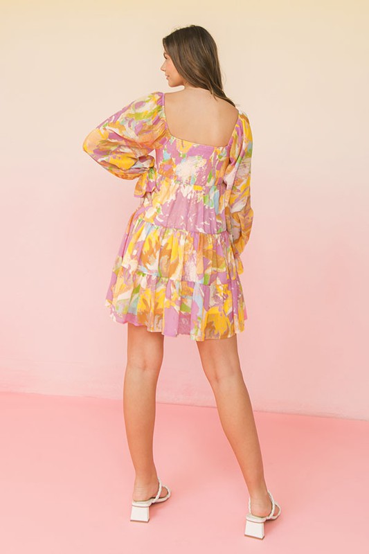 Aiyana Long Sleeve Tiered Mini Dress - Yellow/Pink