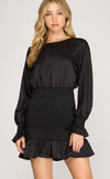 Ezna Satin Long Sleeve Mini Dress - Black