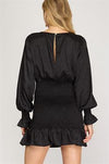 Ezna Satin Long Sleeve Mini Dress - Black