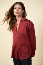 Kendra Satin Button Down Top - Wine