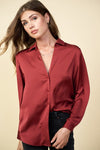 Kendra Satin Button Down Top - Wine
