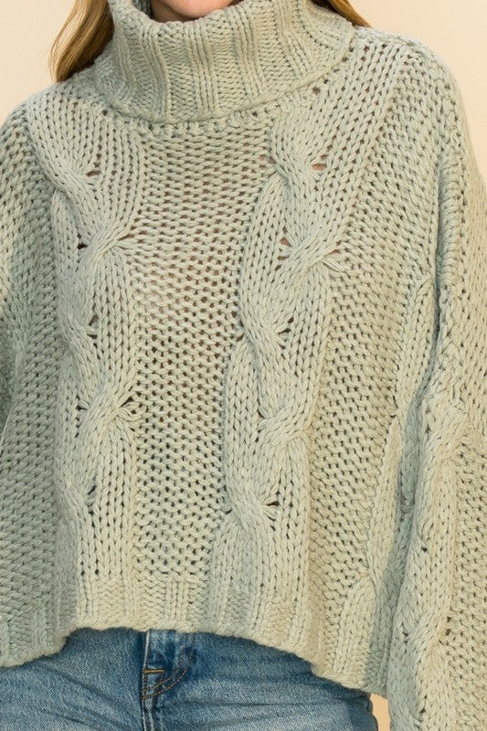 Serenity Cable Knit Turtleneck Sweater - Sage