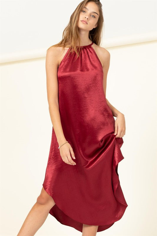 Etana Satin Halter Midi Dress - Red