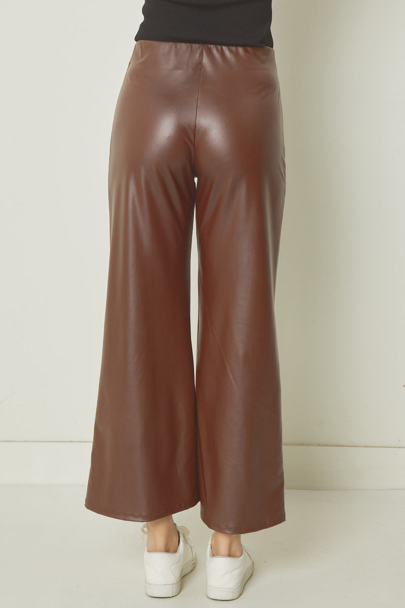 Carmellia Faux Leather Slit Pants - Brown