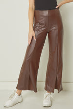 Carmellia Faux Leather Slit Pants - Brown