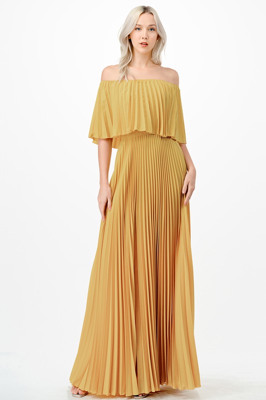 Mary Off Shoulder Pleated Maxi Dress - Gold – Girls Will Be Girls