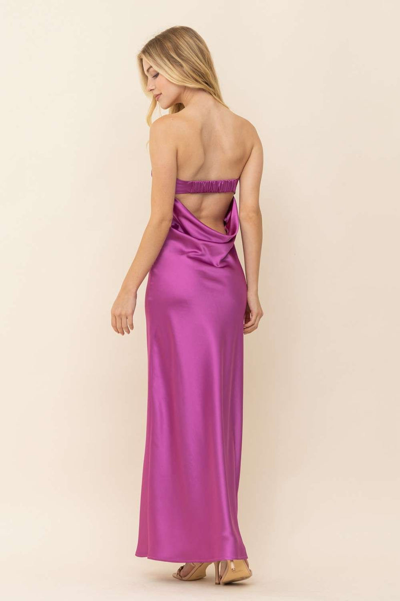Medea Satin Strapless Cowl Back Midi Dress - Magenta