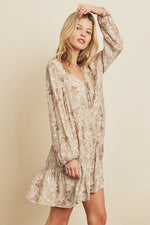 Emily Long Sleeve Paisley Print Swing Mini Dress