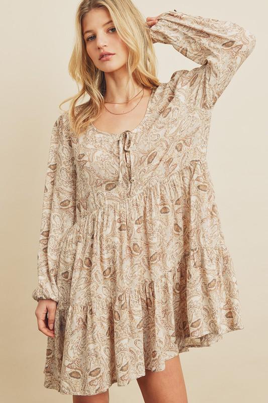 Emily Long Sleeve Paisley Print Swing Mini Dress