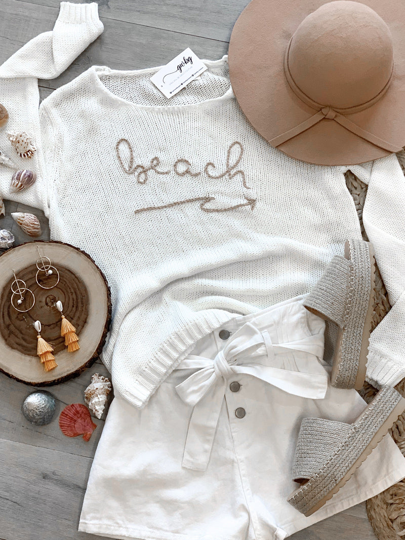 Beach Embroidered Spring Sweater  - Ivory
