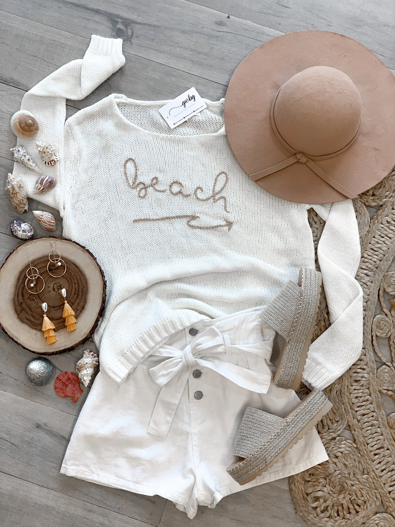 Beach Embroidered Spring Sweater  - Ivory