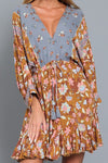 Tina Dolman Tie Front Mini  Dress - Camel/Blue  - BEST SELLER!!!