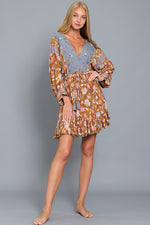 Tina Dolman Tie Front Mini  Dress - Camel/Blue  - BEST SELLER!!!