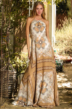 Priyanka Satin Printed Maxi Dress - Gold/Camel