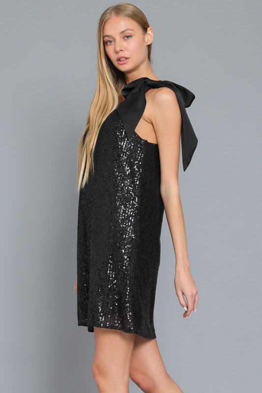 Christabel One Shoulder Sequin Mini Dress - Black
