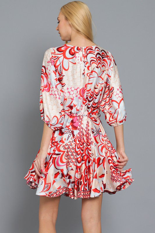 Noor Dolman Sleeve Braided Belt Mini Dress - Coral